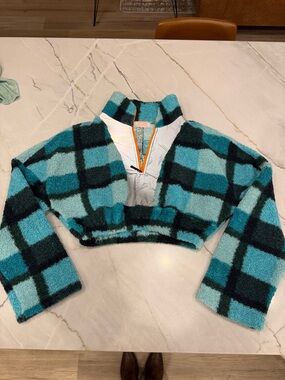 Cropped Pullover Jacket - Teal Plaid